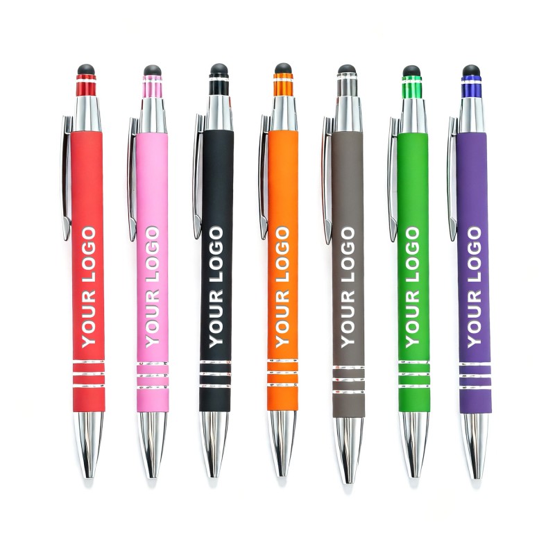 Gekleurde soft-touch-pen met drukknop van metaal